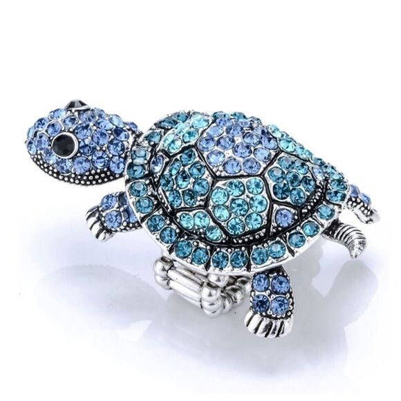 Silver and Multi Blue Crystal Sea Turtle Stretch Statement Ring - Picture 2 of 5